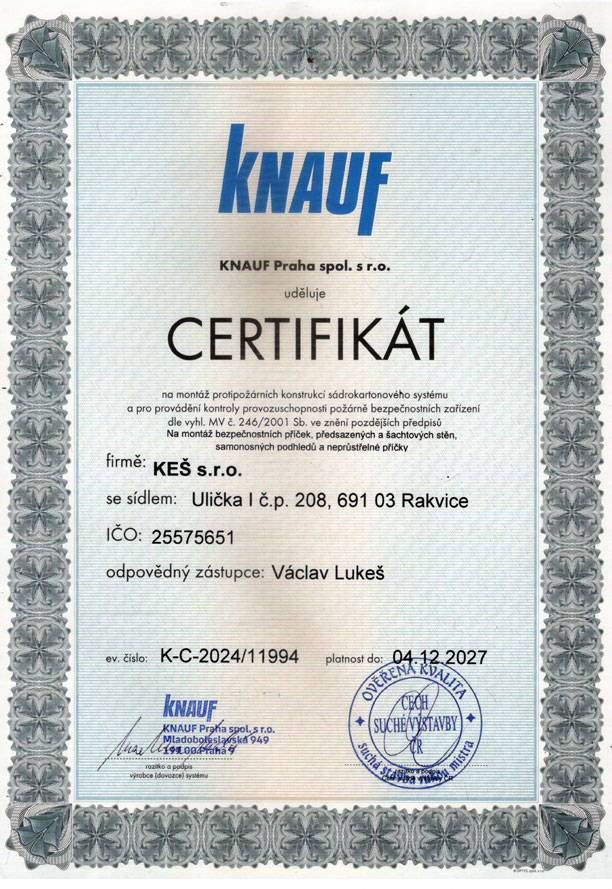 Certifikát Sádrokartony KEŠ