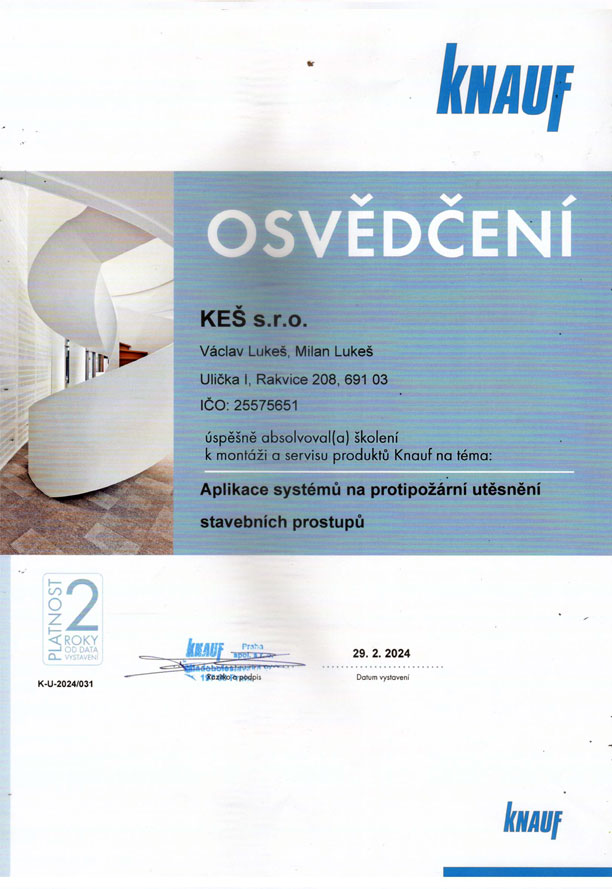 Certifikát Sádrokartony KEŠ